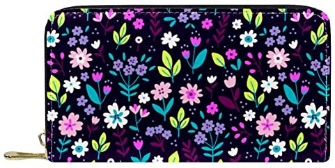 Blumen-Portemonnaie Leder Leder Reißverschluss Lange Geldbörse, Mehrfarbig, 20.5x2.5x11.5cm/8.07x1x4.53 in, Classic