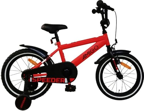 AMIGO Speeder - Kinderfahrrad - 16 Zoll - mit Handbremse, Rücktritt, Lenkerpolster und Stützräder - ab 5-6 Jahre - Rot/Schwarz