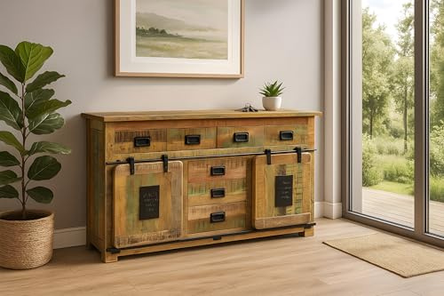 SAM Sideboard Libro II, Mangoholz massiv + bunt, Kommode mit 2 Holzschiebetüren, 7 Schubladen & 2 offenen Fächern, Türelemente, Griffe & Reling aus Eisen, 150 x 90 x 45 cm, Shabby Chic