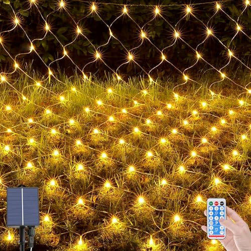 OPAHUTER 96 LEDs Solar Lichternetz Außen, 1,5 x 1,5 M Wasserdichte Lichterkette Netz, Fernbedienung Lichterketten Vorhang mit 8 Modi, Solar Lichternetz für Weihnachten Hochzeit Fenster Büsche