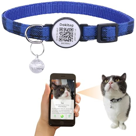 Dokitag Personalisiertes Katzenhalsband mit QR-Code-Tag, Breakaway-Sicherheit, Online-Profil-Scan, E-Mail-Benachrichtigung, 1 Stück, Blau, Nylon & Baumwolle, Rund, Katzen-ID-Halsband mit Glöckchen