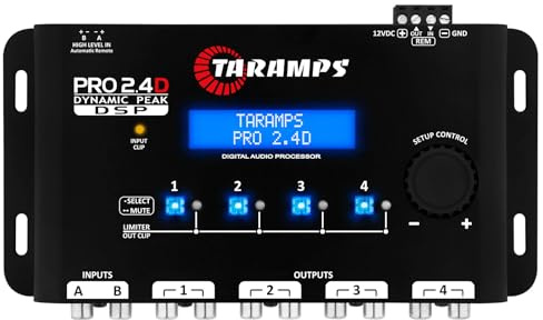 Taramps Pro 2.4D Dynamic Peak DSP Crossover Full Digital Signal Car Audio Processor and Equalizer, RCA and High Level Input, 4-Channel Out, 5-Band Input, Eq 12 preset, Peak and RMS Limiter Function