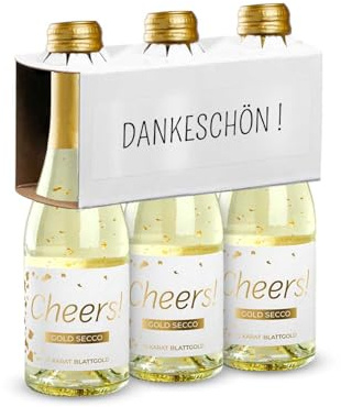 Dankeschön dreier Set Gold Secco | Geschenk Sekt mit 22 Karat Goldflocken | Geschenk für Deine Liebsten | Hochzeit oder Party Mitbringsel | 3x 200 Milliliter Schaumwein