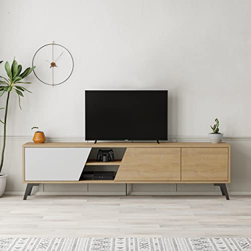 HOCUS PICUS TV Cabinet | 3-Door and 2-Tier Shelf Wooden Storage Cabinet | TV Units for Living Room | Lowboard Table Extra Large Modern TV Stand up to 65 Inch TVs | 180cm Oak, White