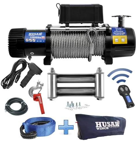 Husar Winch Verricello Elettrico 12V, 12000 lbs | 5443 kg - Cavo in Acciaio da 25 m, Controllo Wireless, Ingranaggio Planetario a 3 Stadi - Ideale per Fuoristrada e Veicoli 4x4 OFF ROAD