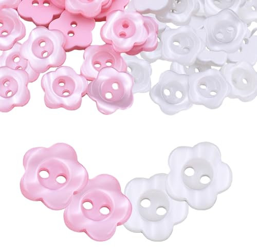 TRKETK 100 Stück Blumenform Nähknöpfe, Blumenknöpfe für Kleidung Perlglanz-Nähknöpfe Baby-Harzknöpfe 2 Löcher 12,5 mm Blumenknöpfe Mini-Knöpfe für Handgemachtes Nähen, Stricken, Dekor (Weiß + Rosa)