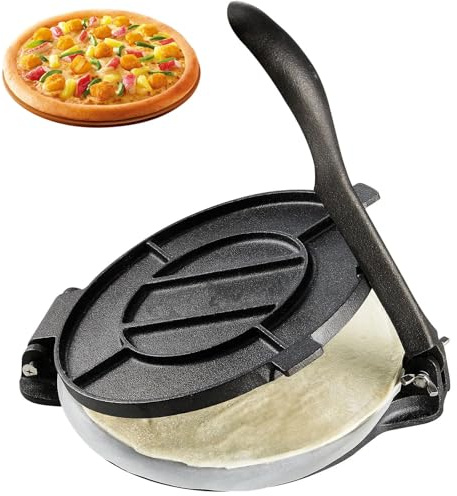 Tortilla Press,10 Inch Tortilla and Roti Maker, Heavy Duty Tortilladora Press, Pre-Seasoned Pataconera Maker with 100 Pcs Parchment Paper, Dough Maker for Flour Tortilla, Black