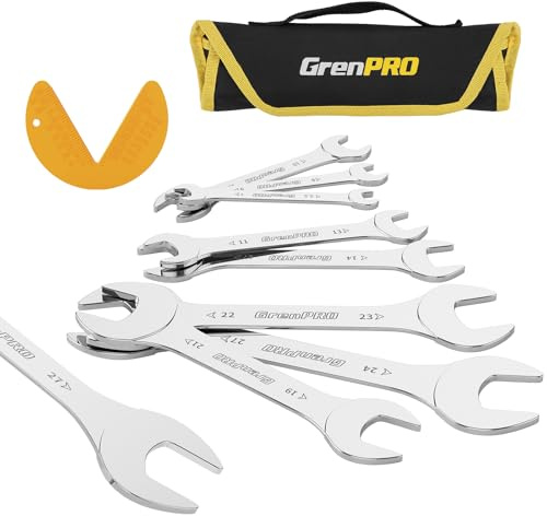 GRENPRO Super-Thin Metric Wrench Set, Open End Wrench Set, 9PCS 5.5, 7, 8, 9, 10, 11, 12, 13, 14, 17, 19, 21, 22,23,24,27mm, Slim Spanner Organizer Rolling Pouch with Gauge, Small Wrenches Tools Sets