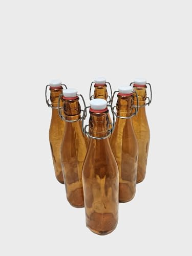 KWARE 6PCS Glass Bottles with Swing Top Brewing Bottles Airtight Preserve Bottles for Home Brewing Oil Vinegar Beer Wine Cider Soda 500ML (ORANGE)