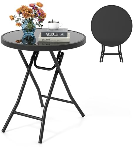 COSTWAY Sidobord, hopfällbart, litet fällbord, väderbeständigt trädgårdsbord, runt balkongbord med bordsskiva av härdat glas för balkong, trädgård, terrass, 46 x 46 x 48 cm (svart)