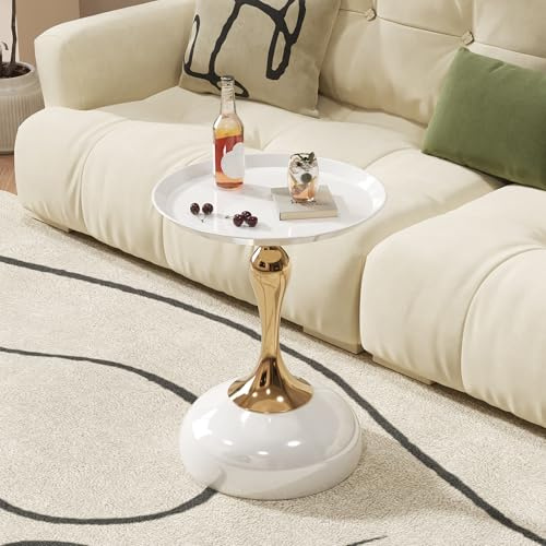 Small White Round Side Table with Gold Pedestal Base - Modern Chic Accent End Table for Living Room, Bedroom & Office Spaces