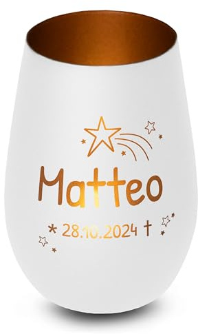 Elegantes personalisiertes Windlicht aus Glas in Weiß-Bronze Sternschnuppe Gedenklicht für Verstorbene mit Gravur, Geschenk für Trauernde - Trauerlicht personalisiert mit Namen