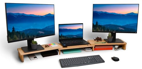 glückshafen Stabiler Monitorständer aus Bambus, verstellbare Bildschirmerhöhung 90-128 cm, Monitorerhöhung für bis zu 3 Geräte, hochwertiger Schreibtisch-Organizer fürs Home Office, monitor stand