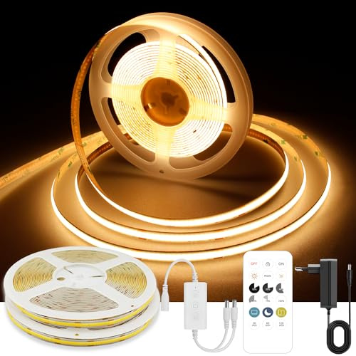 AXMOTUT 10m Warm White COB LED Strip Light, High Bright LED Strips with 320LEDs, RF Remote and UKCA Power Supply, 2700K Dimmable LED Lights for Bedroom, Kitchen, DIY Home Decoration, 2 Rolls of 5m