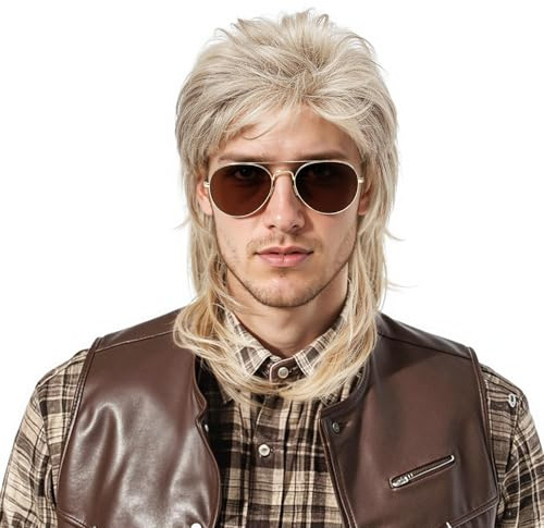 SEFIRST 3 Pcs Perruque Mulet Homme Année 80, Perruque Deguisement avec Lunettes de Soleil et Filet à Cheveux, Accessoire pour Style Rétro Disco, Fête Costumée, Carnaval, Halloween, Années 70-80 Blonde