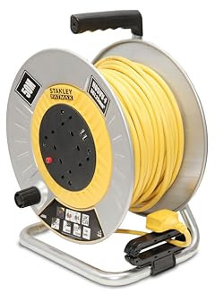 STANLEY 50M Open Metal Drum Cable Reel with Four 240V sockets and Two USB sockets - the Reel is Fitted with an LED Indicator, Overload Protection System and a Safety Reset Button