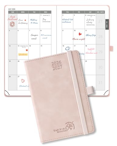 POPRUN 2 Year Month to View Pocket Diary 2026-2027 A6 Monthly Planner (24 Months: Jan'26 - Dec'27) 100 GSM Paper, 4 Pages per Month, 144 Pages, PU Leather Hardback (Soft Pink)