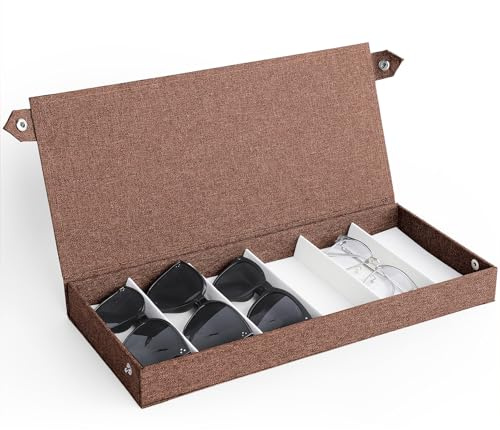 Cozary Aufbewahrungsbox für Brillen - Brillenbox für Mehrere Brillen mit Flip-Top-Design Druckknöpfen, Brillenaufbewahrung für Sonnenbrillen, Schmuck und Accessoires mit 6 Fächern - Braun - 38x17x4cm