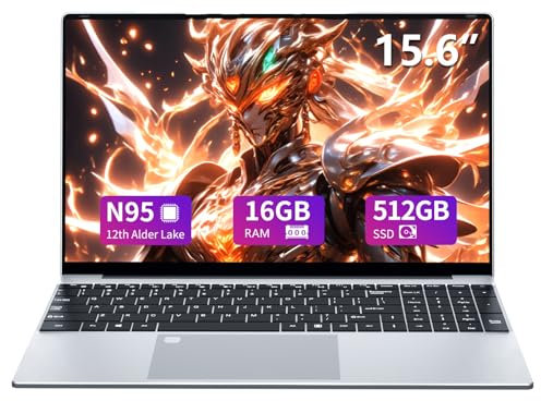 rumlawn Ordinateur Portable 15,6 Pouces avec Alder Lake-N95 Processor, PC Portable 16Go RAM 512Go SSD,UHD Graphics, Laptop Win11 Pro avec Wi-FI 5, USB3.0, HDMI,Touch ID, Clavier Rétroéclairé