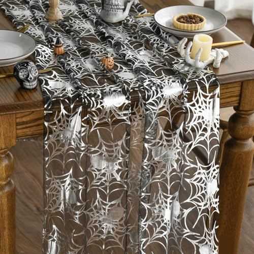 Artoid Mode Gaze Tüll Schwarz Silber Spinnen Spinnennetz Halloween Tischläufer 70x300 cm, Küche Tisch Drinnen Urlaub Party Dekor