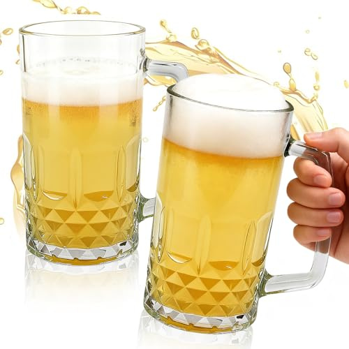 UHETLET 2 Pezzi Bicchieri da Birra 500ml Boccale Birra con Manico Bicchieri da Birra in Vetro Trasparente Calici da Birra Lavabile in Lavastoviglie Bicchiere da Birra di Grano per Feste Bar Ristoranti