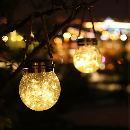Dexmary 2 Packs Cracked Glass Solar Lantern, Waterproof Outdoor Hanging Solar Lights with 30 LED, Cracked Glass Hanging Globes for Yard Patio Fence Tree, Warm White