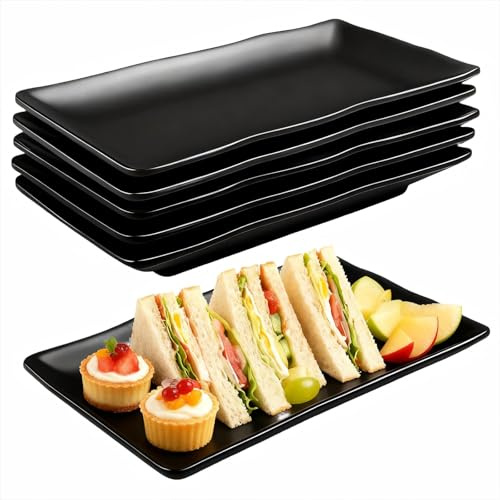 YuLiMirich Servierplatten Rechteckig 6er Set - 20.7x12.8x2.7 cm Servierplatten, Wiederverwendbar für Dessert, Vorspeisen, Salatteller, Obst Beilagen - Schwarz