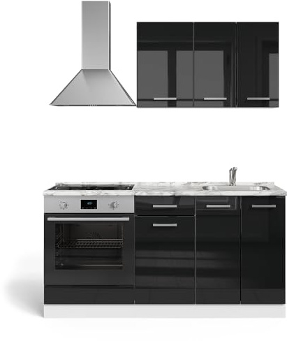 Vicco Singleküche R-Line, Schwarz Hochglanz/Weiß, 160 cm | mit Herdumbauschrank mit Arbeitsplatte, zur Integration von Elektrogeräten und Spüle vorbereitet