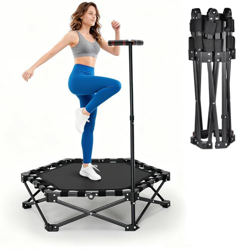 Trampolino fitness pieghevole per adulti da interno, mini trampolino da 106 cm con maniglia regolabile in altezza in 3 posizioni, telaios a X per maggiore stabilità, capacità di carico di 150 kg