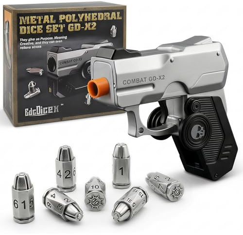 7 Piece Metal Polyhedral Bullet Dice Set with Shooting & Fidget Modes, Pistol Shaped Case & Bullet Dice for Cyberpunk Style Tabletop RPG Dice, Fidget Toy for Stress Relief (Silver)