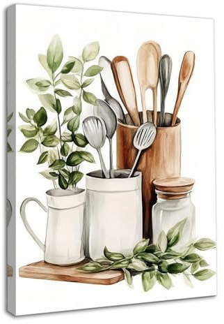 Dazzlewall Framed Watercolor Botanical Kitchen Wall Art Decor,Sage Green Eucalyptus Leaves and Kitchenware Wall Poster For Kitchen Dining Room Decor 12x16 in