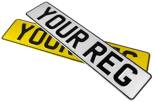 Metal Pressed Number Plates REFLECTIVE x2 Aluminium Embossed Plates car shows Germany White & Yellow Automative/Plates