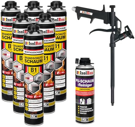 Isolbau - Bauschaum B1 - Montageschaum - PU-Schaum 6 x 750 ml - Pistolenschaum,1 x PU-Schaum-Reiniger & 1 x Schaumpistole - 1K Brandschutzschaum - Dämmschaum - Abdichtung, Wärmedämmung