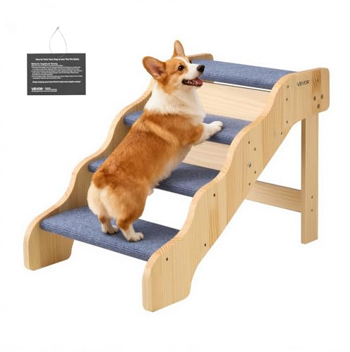 VEVOR Escalera para Perros de 740 x 430 x 500 mm, 4 Peldaños, Madera de Pino y Tela de Fieltro, para Mascotas Pequeñas, Medianas, Grandes y Mayores, Ideal para Camas, Sofás y Coches, Carga 68 kg