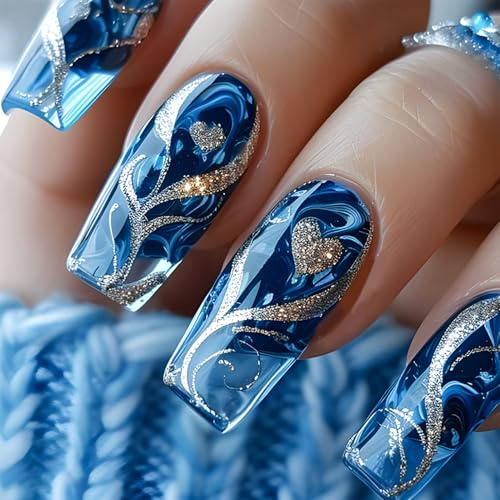 24 Stück Ballerina Fingernägel zum aufkleben - Blau Farbverlauf Coffin Kunstnägel Nägel Zum Aufkleben mit Goldene Herzmuster, Full Cover Press on Nagel Glanzfinish - Für Frauen Alle Anlässe