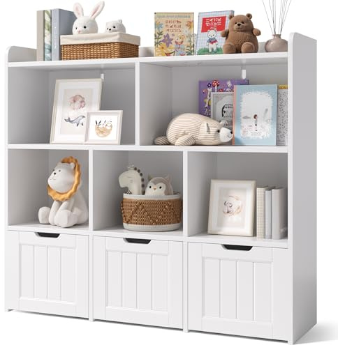 Xbro Mobile Porta Giochi e Libreria Bambini con 3 Cassetti Rimovibili con Ruote e 5 Ripiani Aperti, Libreria con Cassetti con Sponda Anticaduta e Sistema Antiribaltamento, 100x30x91 cm, Bianco