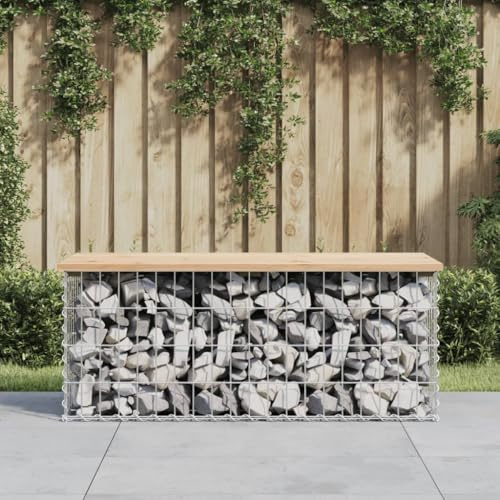 JHQHSM Solid Pine Wood Garden Bench with Galvanized Steel Gabion Basket Base 103x44x42 cm for Outdoor Seating Space Patio Backyard Rustic Design