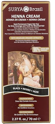 Surya Brasil Henna Cream Black - 96% Natural Ingredients, Vegan, Cruelty-Free, Eco-Friendly, Semi-Permanent Hair Color, Deep Hydration & Shine, 2.37 oz