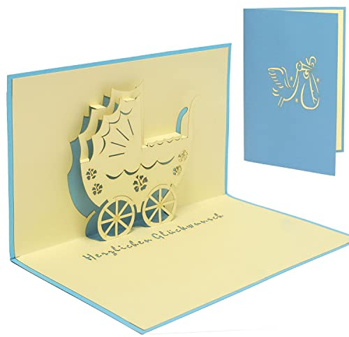 LINPopUp®, POP UP 3D Karte Glückwunschkarte Geburtskarte Klapperstorch Kinderwagen für Jungen hellblau N92