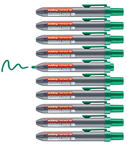 edding 12 Retract Whiteboardmarker - grün - 10 Whiteboard Stifte - Rundspitze 1,5-3 mm - kappenloses Design - für die einhändige Bedienung auf Whiteboard, Flipchart, Magnettafel, Pinnwand, Memoboard