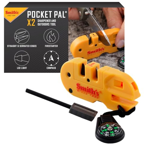 Smith’s 50364 Pocket Pal X2 Sharpener & Outdoors Tool – Yellow – Coarse and Fine – LED Light – Fire Starter – Signal Whistle - Compass