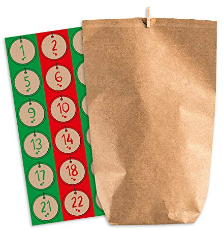 pajoma® Adventskalender zum Befüllen Nordic Vintage – 24 Kraftpapier-Tüten mit Zahlen-Stickern & Holzklammern – DIY Weihnachtskalender Bastelset Weihnachten