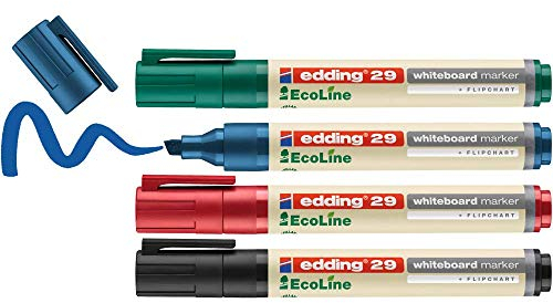 edding 29 Ecoline Whiteboardmarker Set - bunte Farben - 4 Whiteboard Stifte - Keilspitze 1-5 mm - Boardmarker abwischbar - Whiteboard, Flipchart, Magnettafel, Memoboard - Sketchnotes - nachfüllbar
