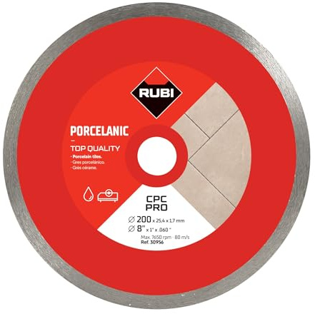 RUBI | Disque Diamant Jante Continue CPC PRO | Coupe Fine de Grès Porcelaine <20 mm | Spécial pour Coupes en Biseaux |Alésage 25,4 mm | Diámetre Extérieur 200 mm | CPC-200 PRO