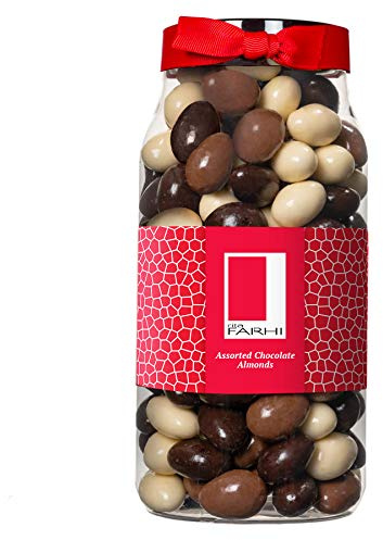 Rita Farhi Milk, Dark and White Chocolate Covered Almonds in a Gift Jar | Vegetarian and Chocolate Gift - Assorted Chocolate Coated Nuts - 770 g - New Palm Oil Free Recipe