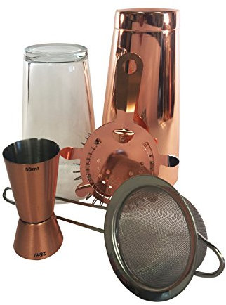 BarBlades 5 Piezas Cobre Pro Set Boston coctelera Martillo Lata, estándar, Boston de Cristal, Cobre 4 Prong colador, Fine colador y medidor de Cobre 25/50 ML Barman Profesional Kit