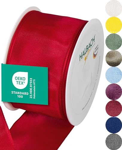 Halbach Geschenkband mit Drahtkante, 60 mm x 25 m, rot | Taftband mit formbarer Drahtkante aus 100% Acetat, Made in Germany, Öko-Tex 100 zertifiziert, wetter-/wasserfest