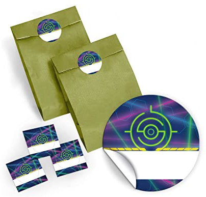 12 Geschenktüten/grün + 12 Aufkleber LASERTAG Party-Tüten für Gastgeschenk Mitgebsel bei Kindergeburtstag Mädchen Jungen