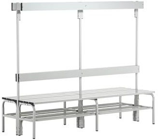 Sypro | Umkleidebank mit Aluminiumleisten | HxT 1650 x 725 mm | doppelseitig | Länge 1500 mm | 12 Haken | lichtgrau | Schuhrost