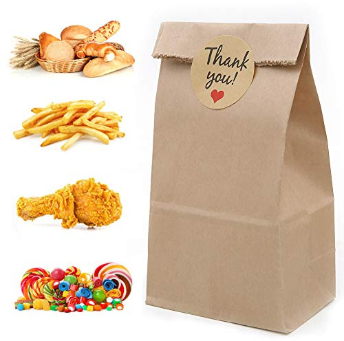 100 Pack Kraft Paper Bags,4.7 x 2.8 x 8.3 inch Brown Paper Bags Bread Sandwich Food Grocery Bag with 108pcs Thank You Label Stickers for Party Favor Take Away Outlets